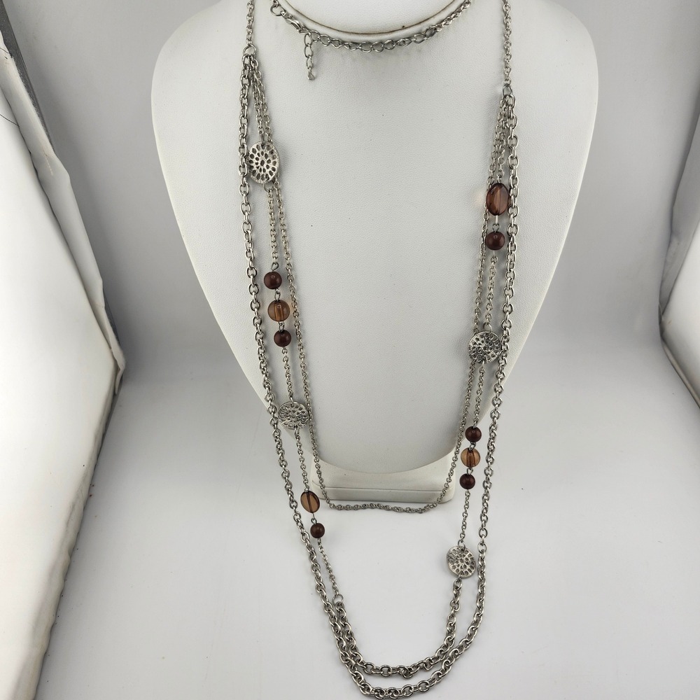 Silver Tone Layered Long Necklace with Brown Beads‎ & Disc Charm Fashion Jewelry